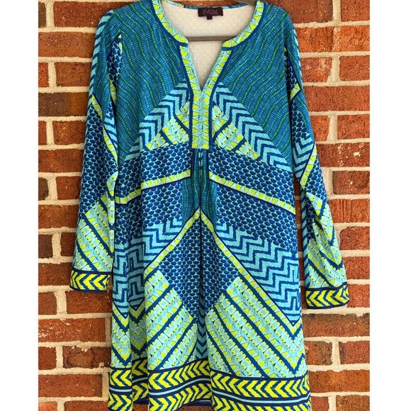 Hale Bob Geometric Print Dress | Size L | Blue Green Yellow Bold Pattern - Picture 1 of 7